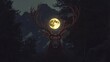 © PB Studio - with branching antlers illuminated by moonlight, head raised proudly, as a luminous full moon appears centered between its antlers in the dark forest antlers deer full moon forest majestic silhouette