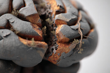 Poster - Close-up of a cracked, textured surface resembling a brain, with small plants growing in the crevices, showcasing decay and resilience, representing the fragility and strength of the human mind