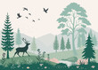 © jamal - Illustration of a deer in a forest with trees birds and mountains in a serene and peaceful scenery