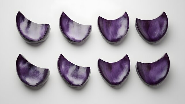 Eight glossy, dark purple crescent-shaped objects arranged in a grid pattern against a white background.  They appear smooth and modern, potentially decorative or functional.