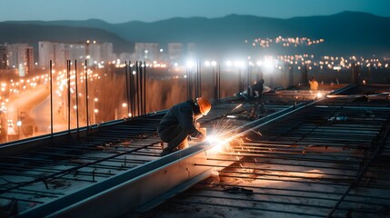 Poster - A construction worker welds a metal beam on a high rise building at night with the glowing lights of the city skyline visible in the background