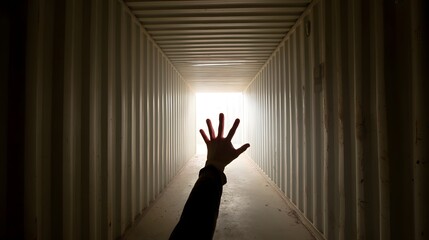 Fototapete - A disembodied hand emerges from the shadows creating an ominous and enigmatic scene within the confines of a dimly lit industrial corridor