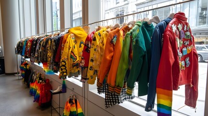 Poster - A diverse and colorful array of Pride inspired clothing and accessories showcased in an eye catching window display of a fashion retail store