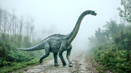 Aufkleber - A large plant eating iguanodon dinosaur slowly navigates through the lush misty vegetation of an ancient rainforest environment along a winding trail
