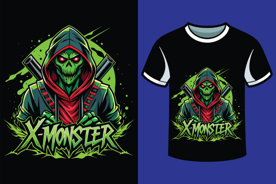 X monster horror , electric green, blood splatter, 4k, cyberpunk, t-shirt design