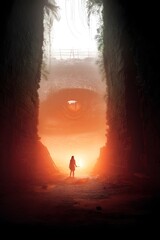 Poster - A lone figure carrying a torch ventures into the depths of an ancient overgrown ruin the eerie shadows and glowing light creating a captivating cinematic atmosphere