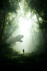 Aufkleber - A lone jungle explorer stands in the misty fog shrouded rainforest facing a towering unseen presence in the distance