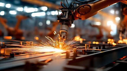 Leinwandbilder - A powerful industrial robot arm precisely welding a steel frame in a busy factory creating dramatic bursts of bright sparks as it works