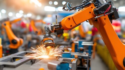 Poster - A powerful industrial robot arm precisely welding a steel frame in a high tech manufacturing facility with dramatic sparks and a dynamic utilitarian atmosphere