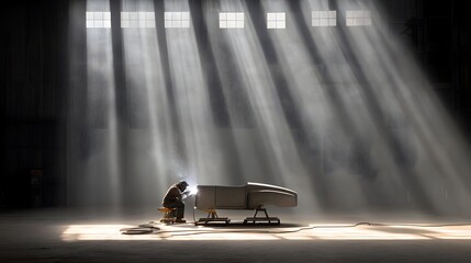 Fototapete - A skilled worker intently focused on gas welding a vintage car body creating dramatic shadows and a retro industrial vibe in the workshop