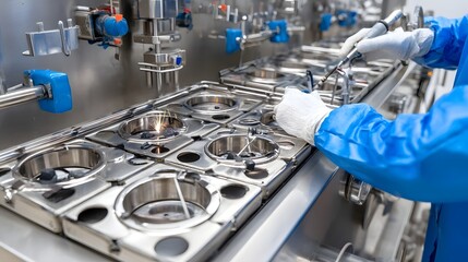 Aufkleber - A skilled worker wearing protective gear applies precise spot welds to stainless steel parts in a clean organized food equipment manufacturing facility