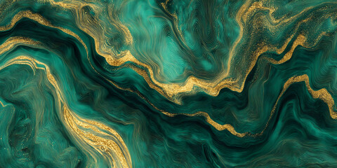 Fototapete - Abstract emerald green and gold texture with swirling lines and glitter, showcasing luxury, elegance, and sophistication Ideal for design background
