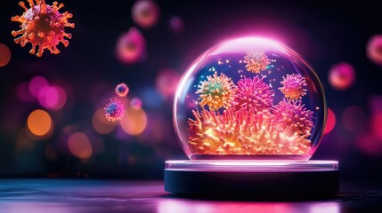 Poster - A glowing dome-shaped device displays floating microscopic viruses, symbolizing scientific breakthroughs in virology