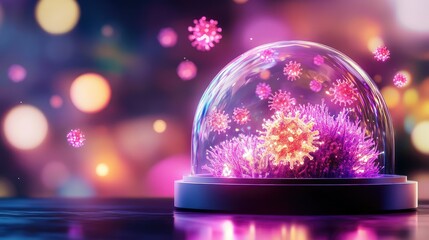 Poster - A glowing dome-shaped device displays floating microscopic viruses, symbolizing scientific breakthroughs in virology