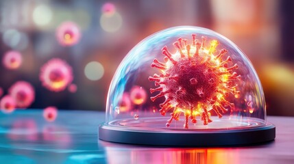 Poster - A glowing dome-shaped device displays floating microscopic viruses, symbolizing scientific breakthroughs in virology