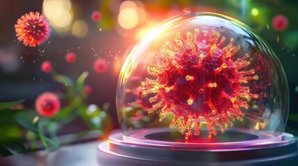 Poster - A glowing dome-shaped device displays floating microscopic viruses, symbolizing scientific breakthroughs in virology