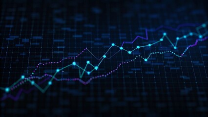 Aufkleber - Neon green, blue chart waves with diagram, abstract glowing data visualization, futuristic finance display, technology grid curves, digital business pattern on dark background