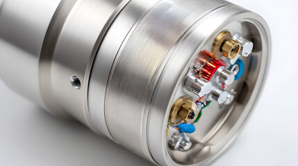Poster - A detailed close up view of a sleek metallic casing housing the complex electronics and wiring for a robotic TIG welding system set against a clean white background