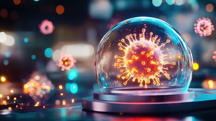 Poster - High-tech glass dome encases glowing virus particles, representing next-gen disease research and innovation