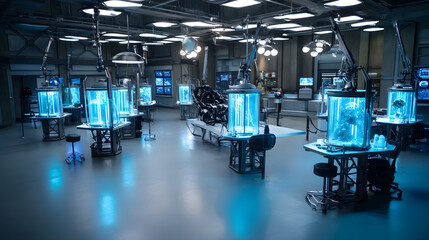 Poster - A modern well equipped laboratory setting with various futuristic looking technology displays and control panels creating an atmosphere of scientific research and innovation