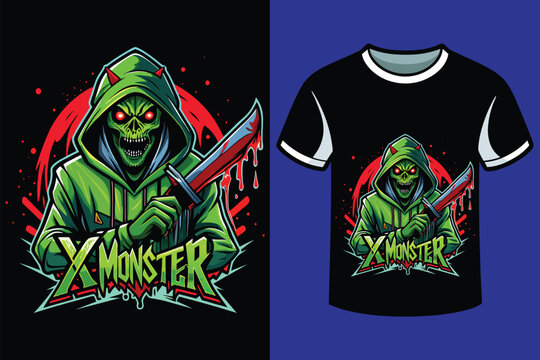 X monster horror , electric green, blood splatter, 4k, cyberpunk, t-shirt design
