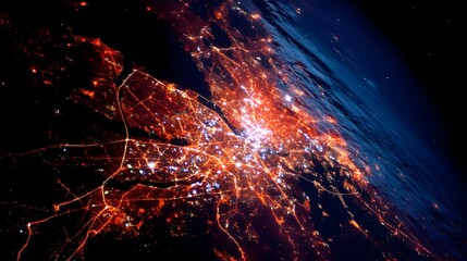 Poster - aerial view of a densely populated city at night with a tight cluster of bright illuminated structur