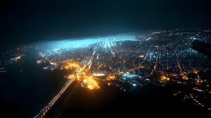 Poster - Aerial view of a sprawling city skyline illuminated by a grid of shimmering lights at night showcasing the dense urban landscape and vibrant nightlife