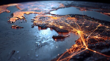 Poster - Aerial view of a sprawling coastal city with islands in the distance illuminated by a network of glowing lights at night