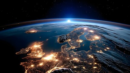 Aufkleber - Aerial view of Scandinavia at night with the coastline and cities across the region brightly lit up against the dark backdrop of the planet s surface