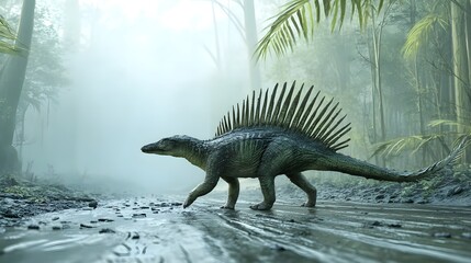 Poster - An ancient dimetrodon a prehistoric reptile like creature cautiously crawling through a lush misty jungle environment surrounded by dense vegetation and rocky terrain
