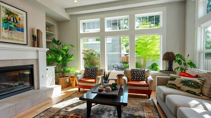 Poster - Bright and spacious living room with modern decor, large windows, and cozy furnishings designed for relaxation and entertainment in a tranquil setting