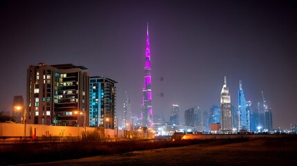 Aufkleber - Dubai s iconic skyscrapers and towers illuminated against the desert backdrop creating a vibrant futuristic hub in the heart of the Middle East