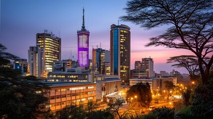 Aufkleber - Illuminated skyline of Nairobi the capital and largest city of Kenya surrounded by a partially visible natural landscape in East Africa at dusk