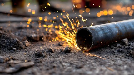 Leinwandbilder - Intense sparks and flames burst from a welder working on a metal pipe showcasing the power and precision of the industrial welding process