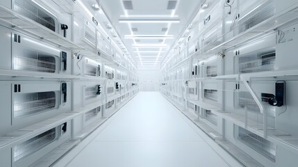 Poster - Rows of organized shelves and trays in a clean minimalist indoor environment designed for efficient insect breeding and cultivation
