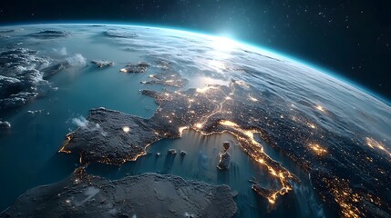 Poster - Stunning aerial view of the European continent at night with France and the city of Paris brightly illuminated and radiating light across the landscape and surrounding bodies of water