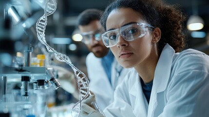 Aufkleber - A woman in a lab coat is looking at a DNA strand