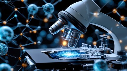 Aufkleber - A microscope is focused on a computer chip with a blue light shining on it