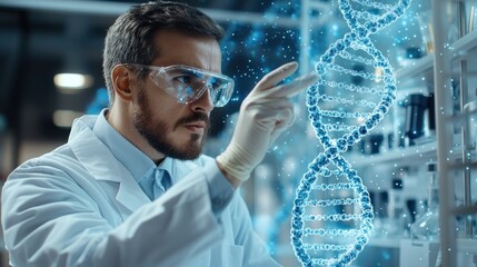 Aufkleber - A man in a lab coat is looking at a DNA strand