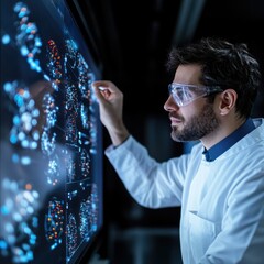 Aufkleber - A man in a lab coat is looking at a computer monitor with a drawing on it