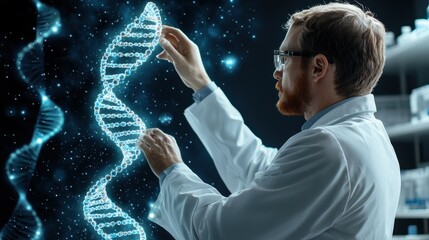 Poster - A man in a lab coat is holding a DNA strand