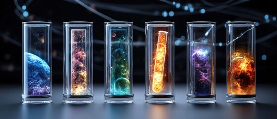 Poster - A row of six glass vials, each containing a different color of fire
