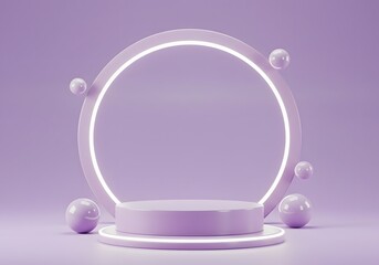 Fototapete - 3D Render Pastel Purple Podium with Neon Circle and Spheres for Product Display, Promotion.