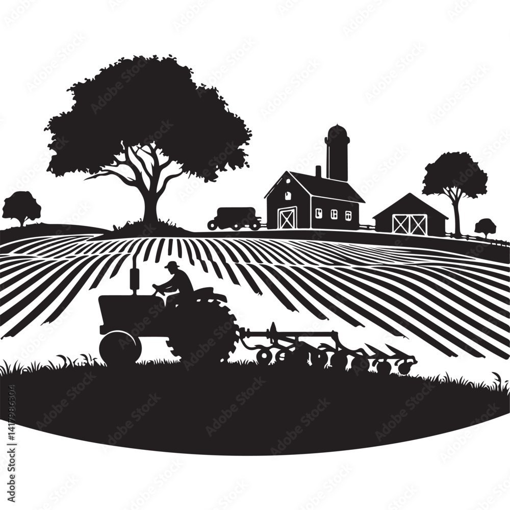 Farm Scene with Tractor Silhouette Vector Illustration Landscape Stock ...