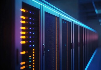 Aufkleber - Stylized data servers with glowing orange and blue LEDs in a sleek hallway. Ideal for showcasing IT security, data processing, and futuristic tech environments