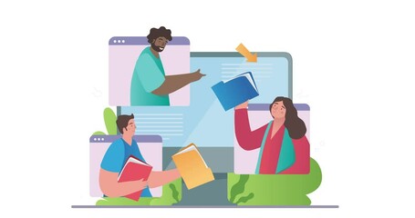 Poster - Video conference call. Moving banner with colleagues or remote workers looking out of computer screen and passing business documents to each other. Online meeting. Cartoon flat animated graphics