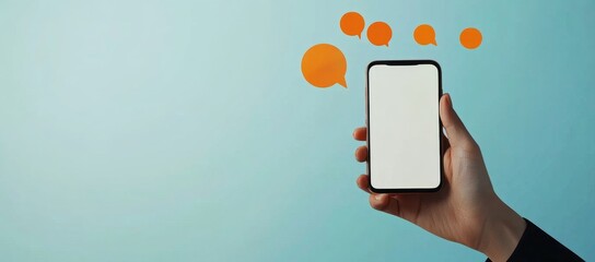 hand holding phone with blank screen, social media communication