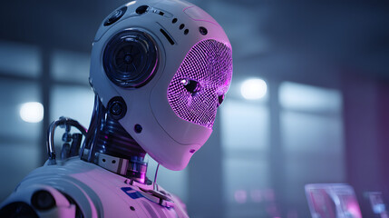 Poster - Futuristic Robot: Close-up view of a humanoid robot with glowing purple face, showcasing advanced technology and artificial intelligence in a futuristic setting. 