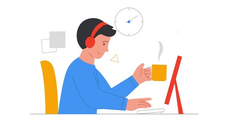 Poster - Working at home. Moving banner with happy male freelancer working on computer and communicating with clients in home office. Remote employee working on project. Flat outline animated graphics