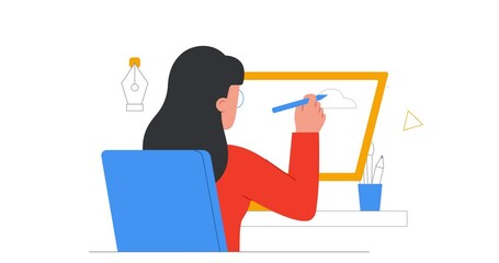 Poster - Working at home. Moving banner with happy woman remote worker or freelancer doing project from client. Graphic designer or creative employee in home office. Flat outline animated graphics